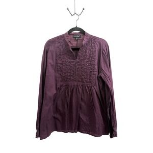 GreaterGood Purple Beaded Sequin Cotton Gauze Blouse Womens Medium Long Sleeve